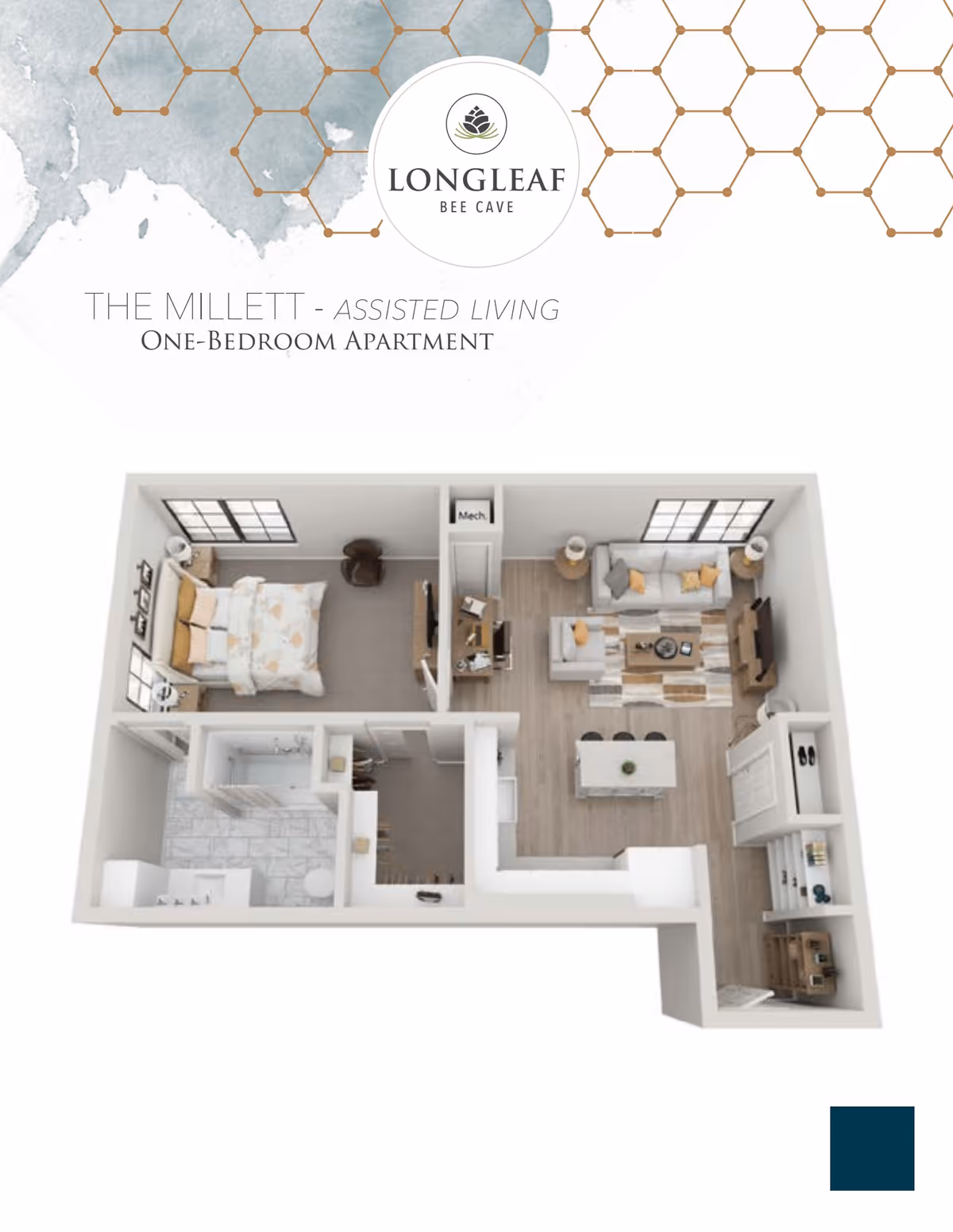 3D floor plan of The Millett one-bedroom assisted living apartment at Longleaf Bee Cave, showing a bedroom with a bed and chair, a bathroom with a bathtub and toilet, a living room with sofas, a coffee table, and a TV, and a kitchen area with an island and stools.