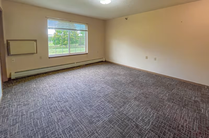 Empty carpeted room with a large window, baseboard heater, and blank beige walls.