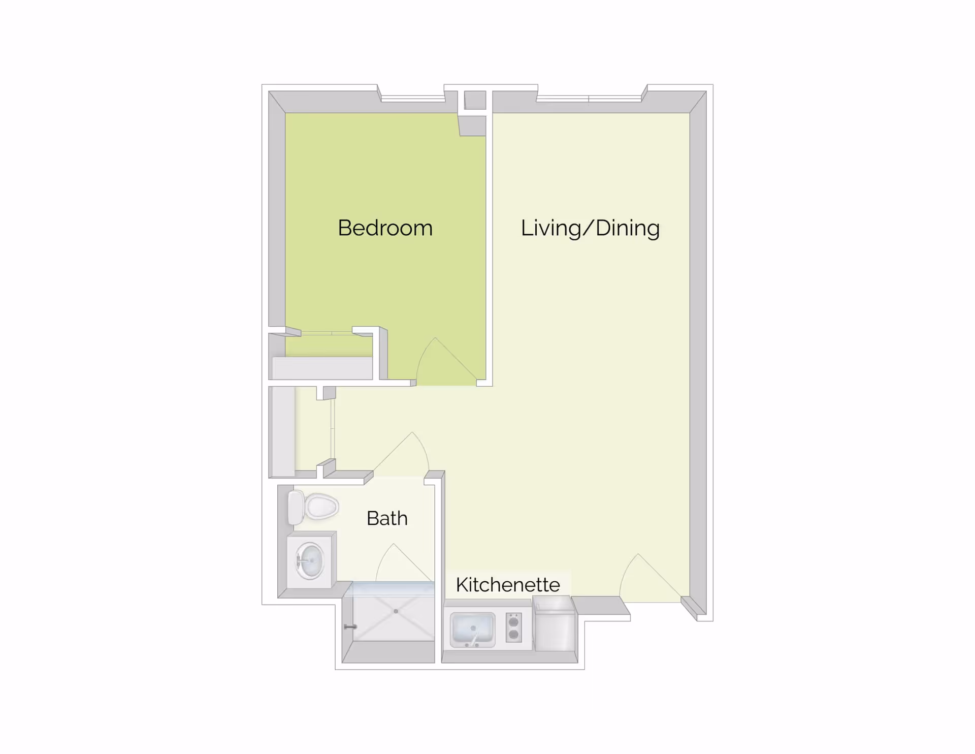 Floor plan of a senior living unit at The Residence at Pearl Street showing a bedroom, living/dining area, bath, and kitchenette.