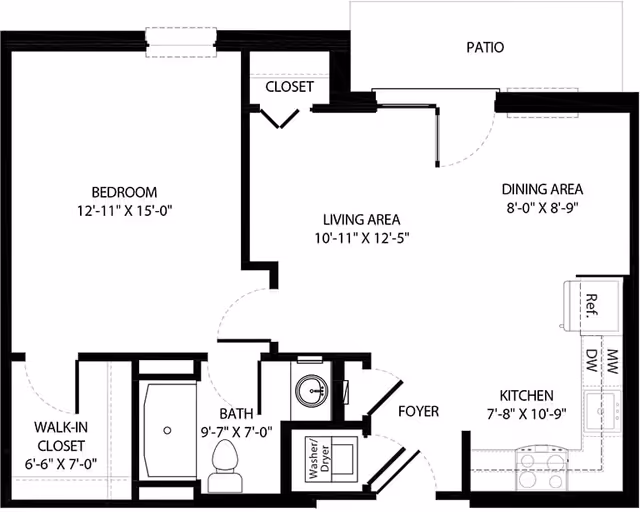 Architectural floor plan of a senior living apartment at Holland Village Senior Living, showing a bedroom with walk-in closet, bathroom, living area, dining area, kitchen, foyer, washer/dryer, and a patio.