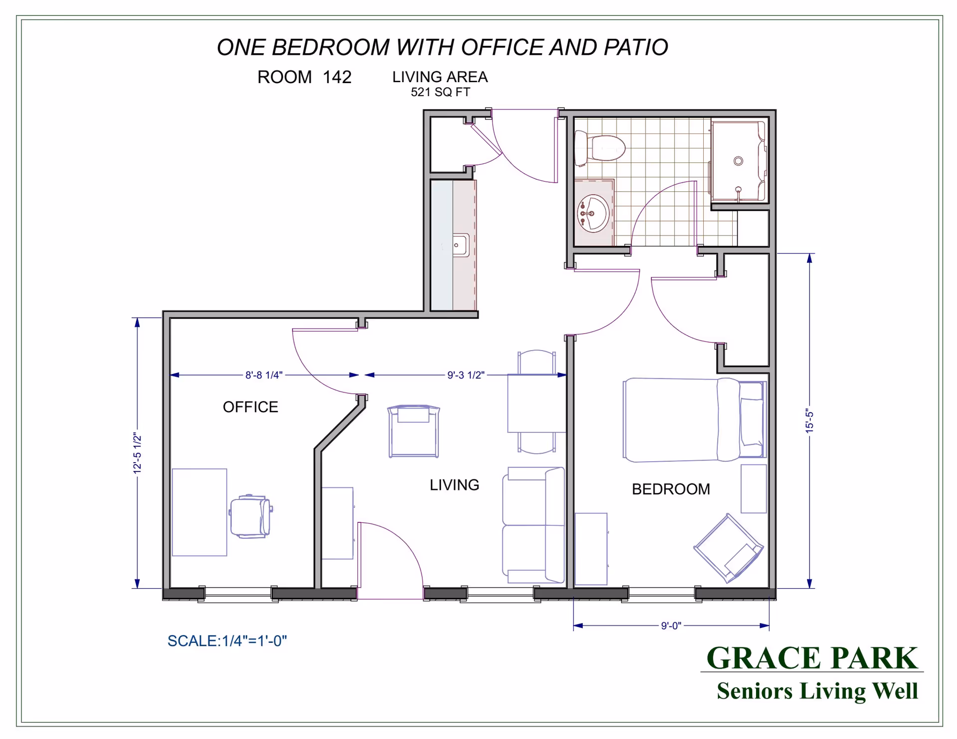 Architectural floor plan of a one-bedroom senior living unit with an office and patio, labeled Room 142, showing a living area of 521 square feet. The layout includes an office, living room, bedroom, bathroom, and kitchen area with detailed measurements. The plan is titled 'ONE BEDROOM WITH OFFICE AND PATIO' and includes the Grace Park Seniors Living Well logo.