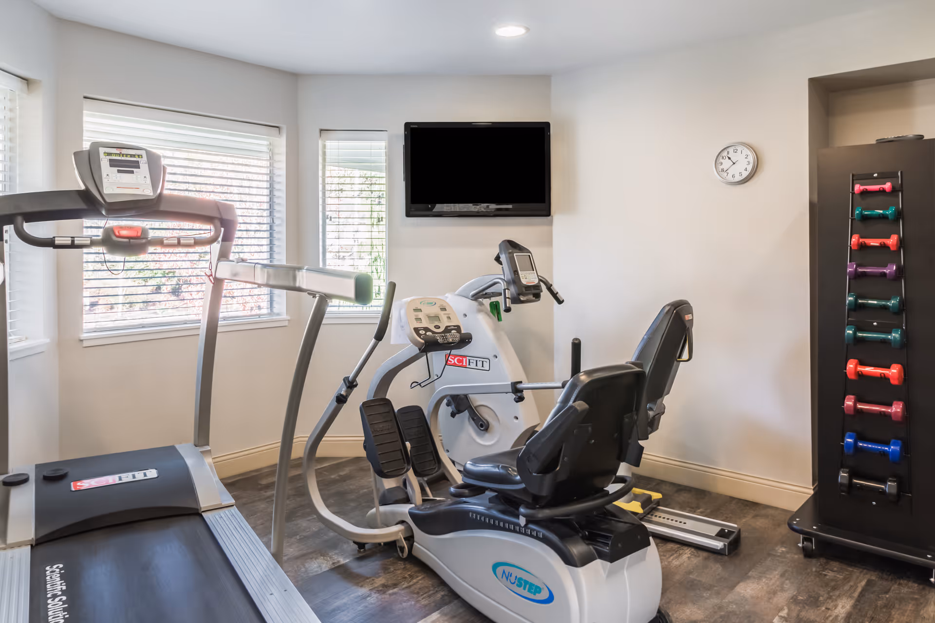 Small indoor fitness room with a treadmill, recumbent exercise bike, wall-mounted TV, and a colorful dumbbell rack.