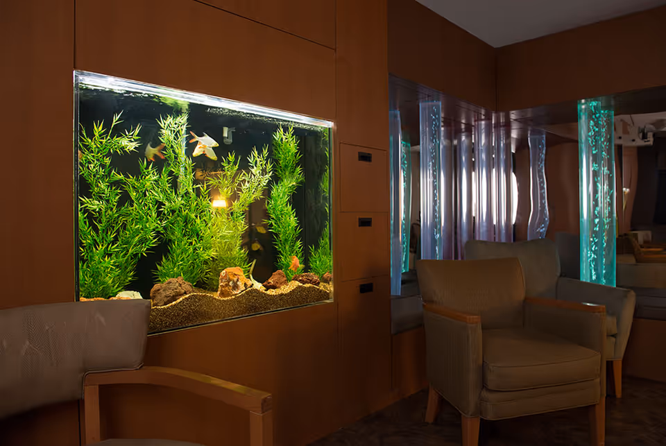 A cozy interior room with a built-in aquarium filled with green plants and fish. There are two cushioned armchairs with wooden armrests positioned near the aquarium. The walls are wood-paneled, and there are vertical illuminated bubble tubes in the background, creating a calming ambiance.