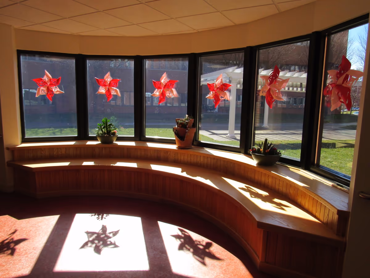 Curved wooden bench along a bay of windows decorated with red star-shaped window ornaments and potted plants, with sunlight casting star shadows on the floor.