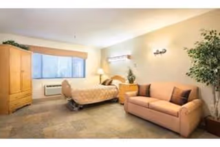 A well-lit bedroom in a senior living facility featuring a single bed with a beige bedspread, a wooden wardrobe, a small wooden nightstand with a lamp, a beige sofa with two dark cushions, a potted plant in the corner, and a window with blinds partially open.