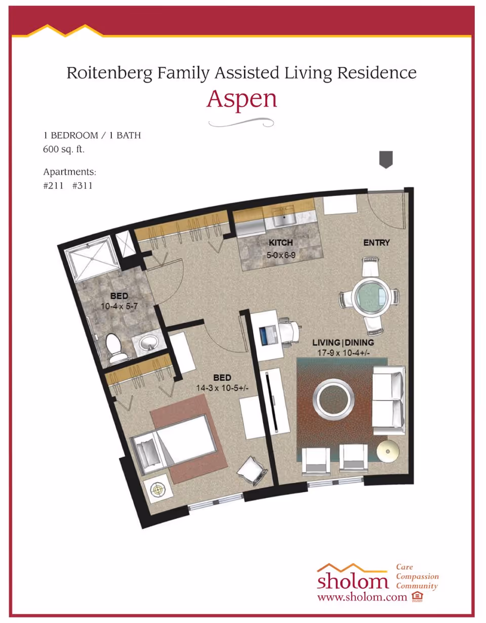 Floor plan of the Aspen apartment at Roitenberg Family Assisted Living Residence showing a 1 bedroom, 1 bath layout with a kitchen, living and dining area, and bathroom. The plan includes dimensions for each room and furniture placement.