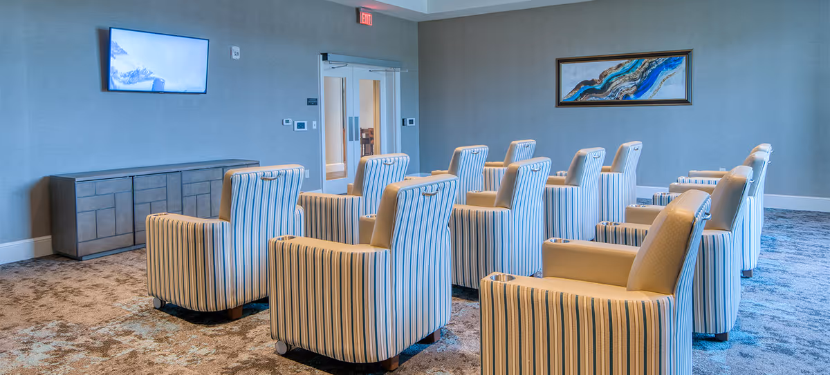 A small theater-style room with two rows of striped armchairs facing a wall-mounted flat screen TV. The room has gray walls, a carpeted floor, a framed abstract painting on the wall, and double doors at the back.