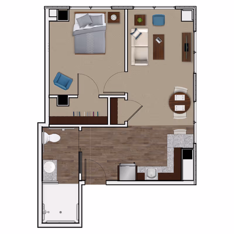 Top-down floor plan of a one-bedroom apartment showing a bedroom, living area, kitchen, and bathroom.