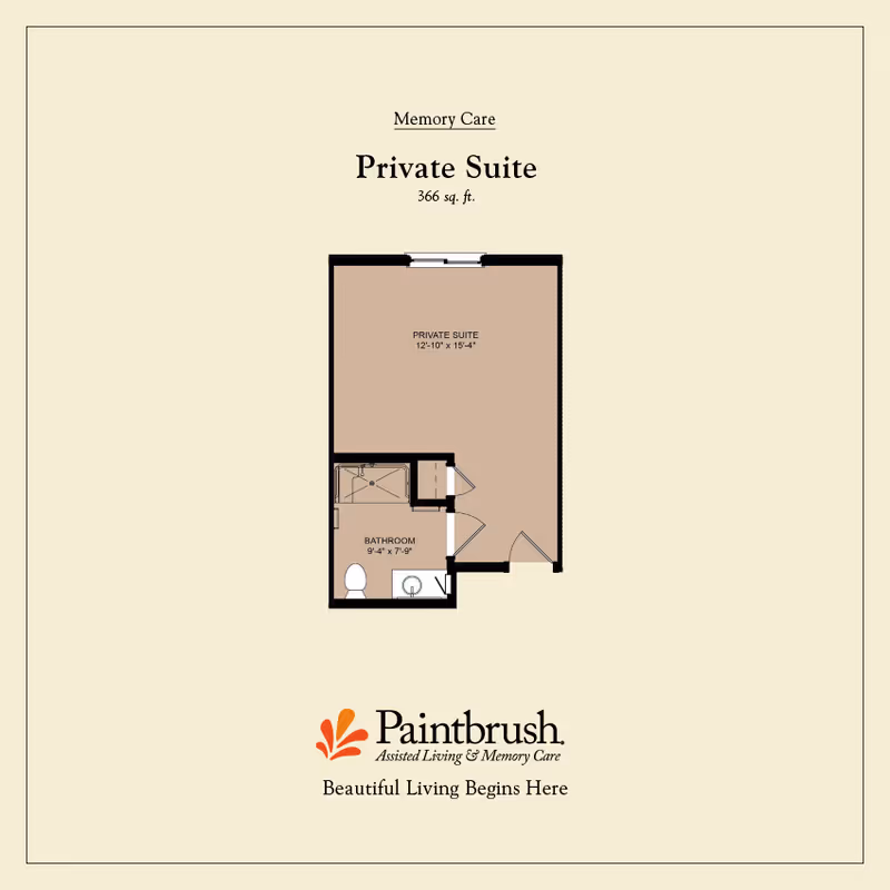 Floor plan of a Memory Care Private Suite at Paintbrush Assisted Living, showing a 366 square feet layout with a private suite area measuring 12 feet 10 inches by 15 feet 4 inches and an attached bathroom measuring 9 feet 4 inches by 7 feet 9 inches. The plan includes a shower, toilet, and sink in the bathroom.