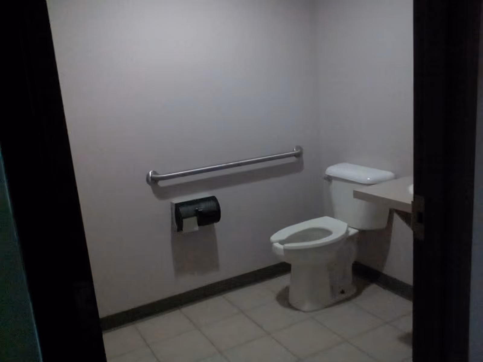 A small bathroom with a white toilet, a metal grab bar on the wall, a toilet paper holder with a roll of toilet paper, and tiled floor. The walls are plain and light-colored.