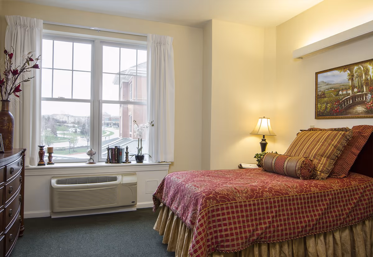 Cozy furnished bedroom with a patterned bed and decorative pillows, a bedside lamp, dresser, and a large window with a view.