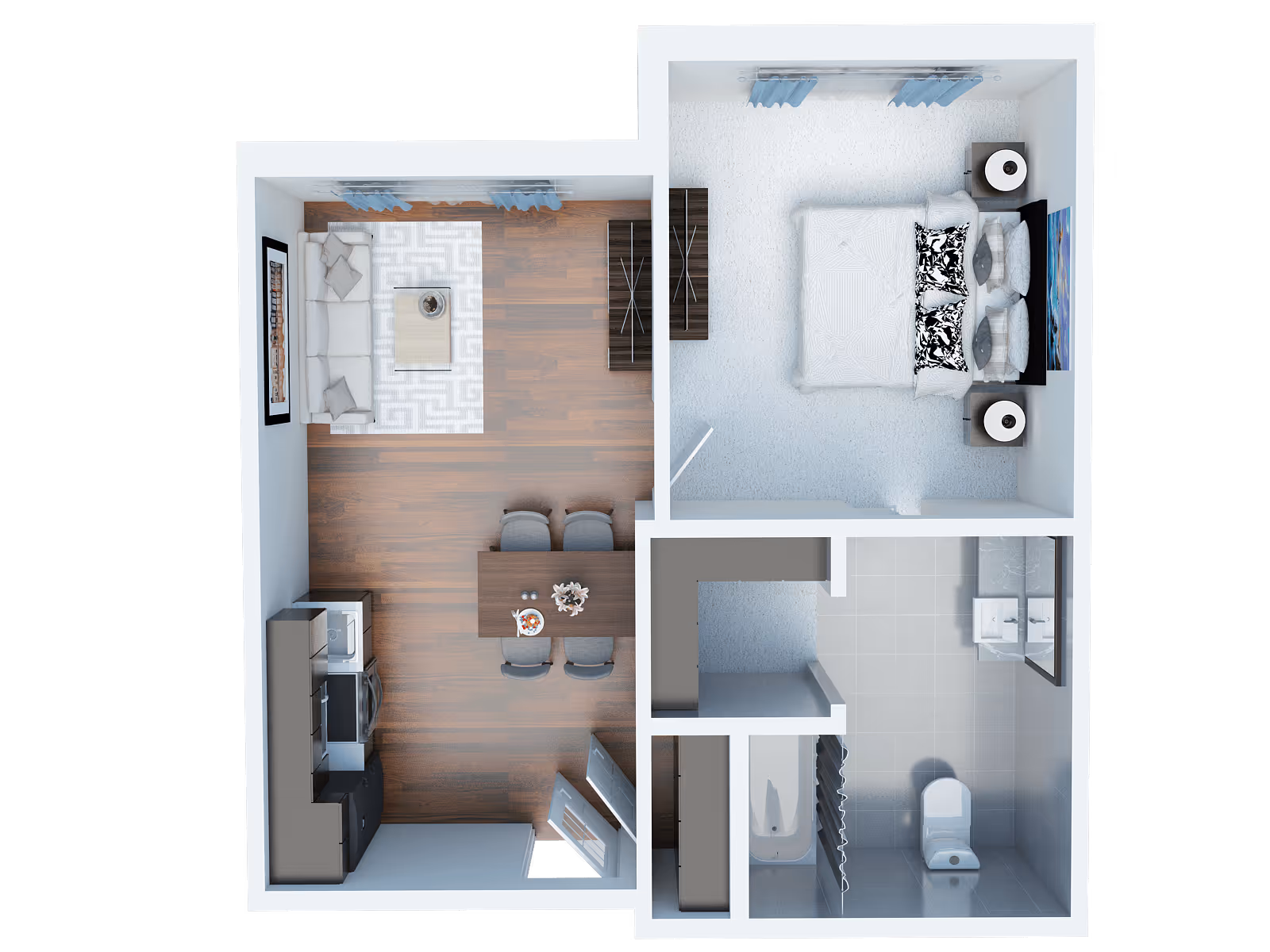 Top-down view of a one-bedroom apartment floor plan showing a living room with a sofa, coffee table, and TV stand, a dining area with a table and four chairs, a kitchen with appliances, a bedroom with a bed and nightstands, and a bathroom with a bathtub, toilet, and double sink.