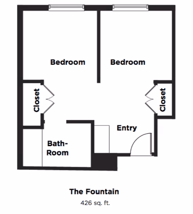 Floor plan layout titled The Fountain showing two bedrooms each with a closet, a bathroom, and an entry area, totaling 426 square feet.