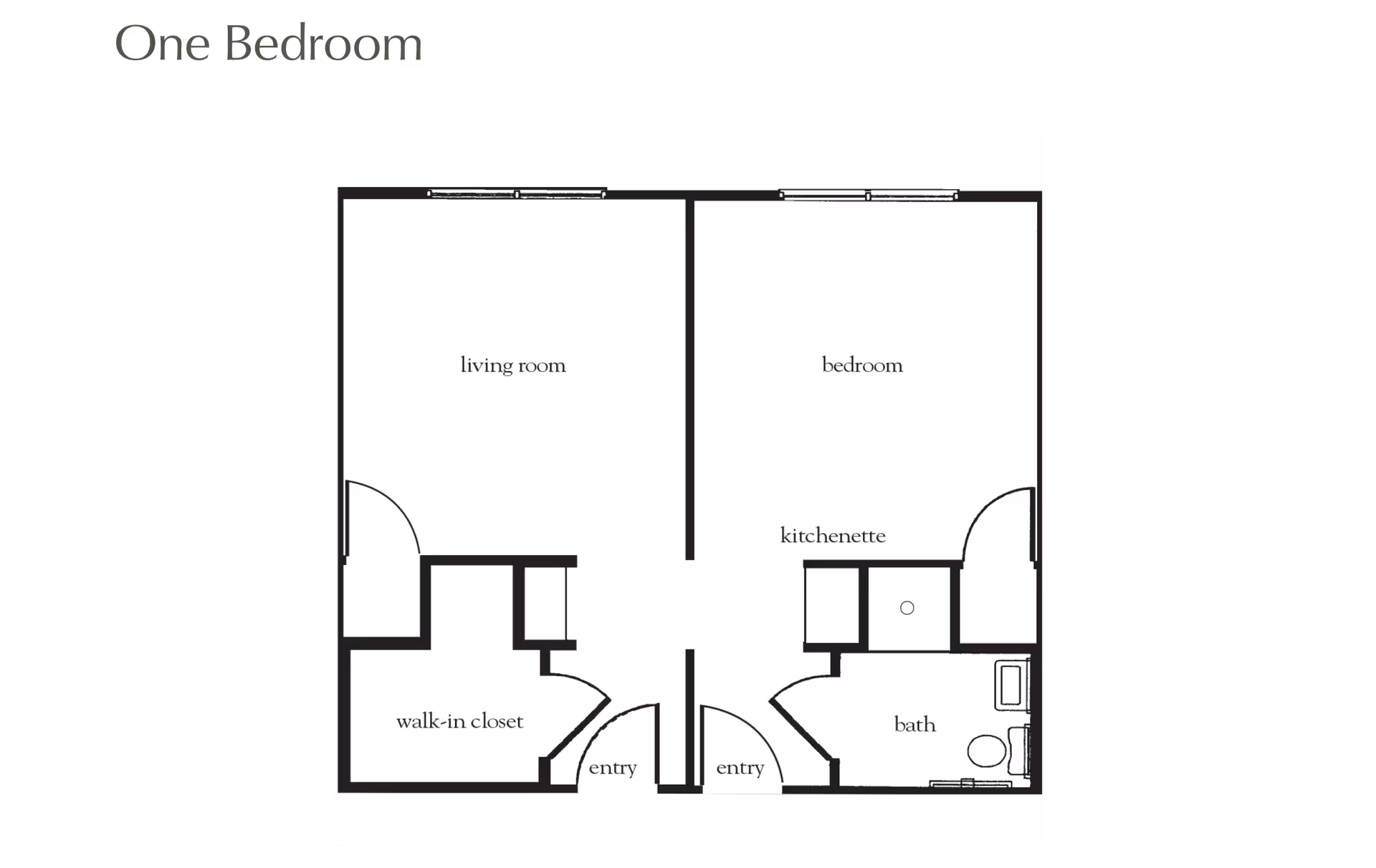 Floor plan of a one-bedroom unit showing a living room with a walk-in closet, a bedroom with a kitchenette, and a bathroom. There are two entry doors, one leading to the living room and one leading to the bedroom area.