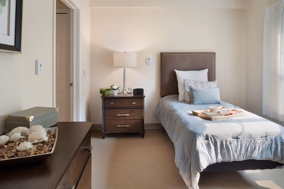 A neatly arranged bedroom with a single bed featuring a brown upholstered headboard, light blue bedding, and several pillows. A wooden nightstand with a lamp, a small plant, and a clock is beside the bed. Sunlight streams in through a window with sheer white curtains, illuminating the room. A dresser with decorative items is visible in the foreground.
