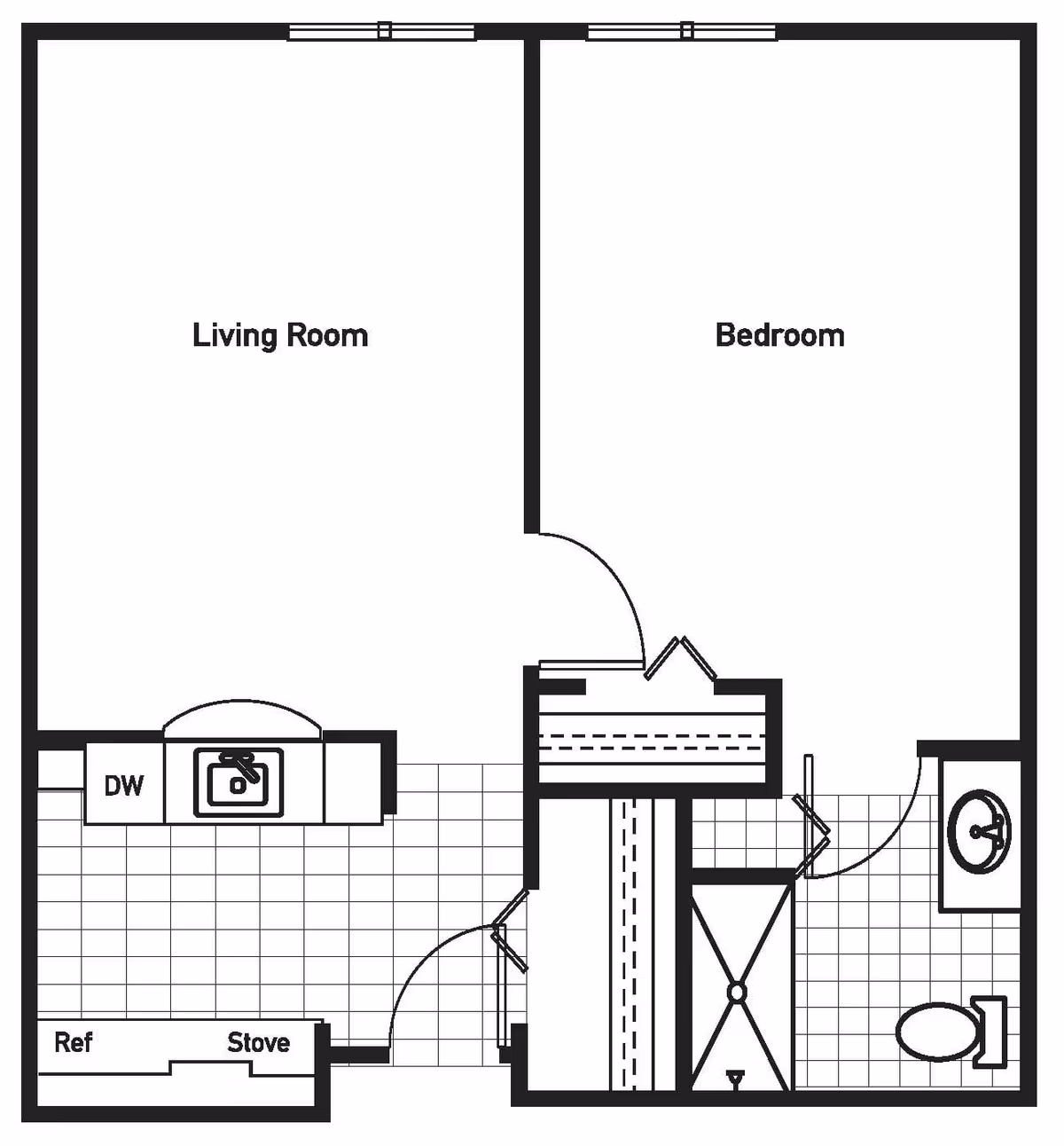 Floor plan layout of a one-bedroom apartment showing a living room, bedroom, kitchen area with refrigerator, stove, dishwasher, and a bathroom with a shower, toilet, and sink.