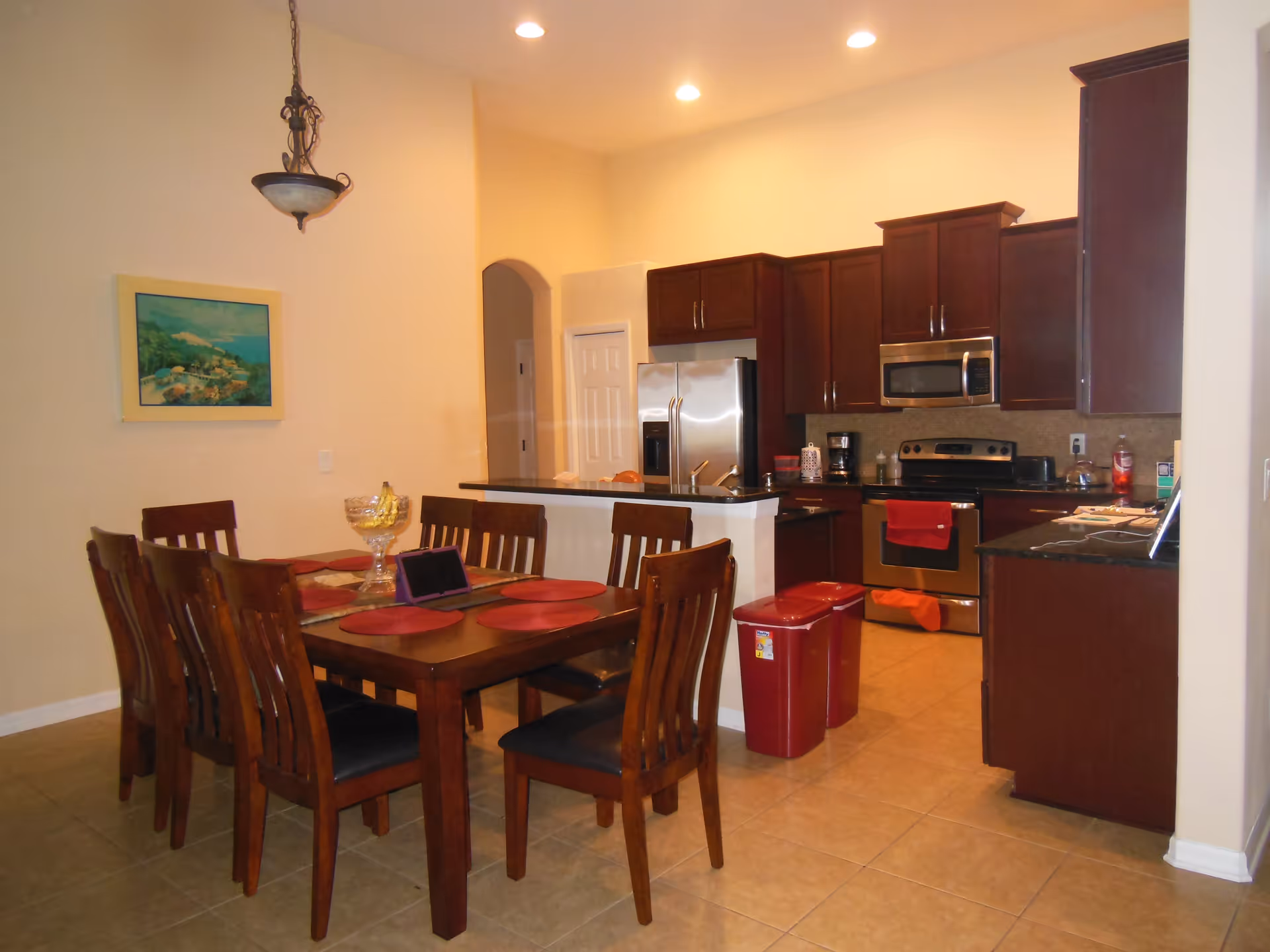 Interior view of a dining area and kitchen in a senior living facility. The dining area has a wooden table with six chairs, red placemats, and a glass bowl with bananas. The kitchen features dark wood cabinets, stainless steel appliances including a refrigerator, microwave, and stove, and two red trash bins on the tiled floor. The walls are light-colored, and there is a hanging light fixture above the dining table and a framed painting on the wall.