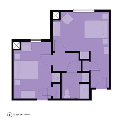 Architectural floor plan of a two-bedroom apartment with two bathrooms, showing room layouts including beds, chairs, sinks, a toilet, and a shower.