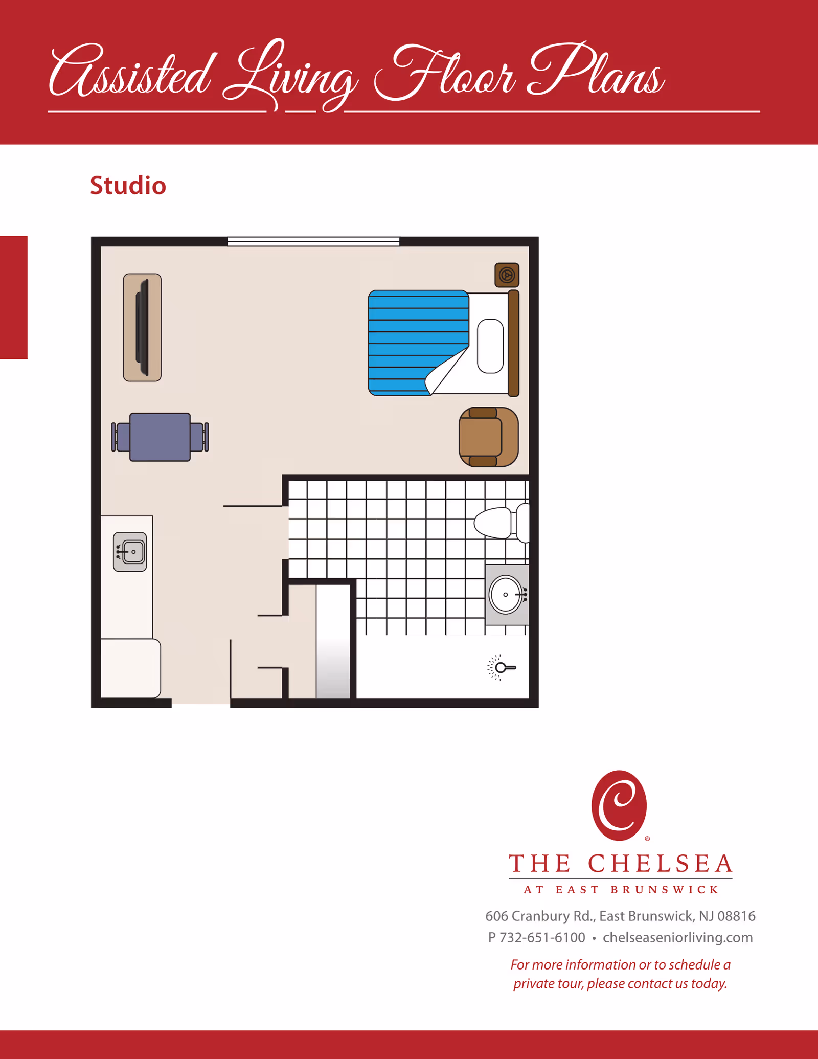 Floor plan of a studio assisted living apartment showing a combined living and sleeping area with a bed, chair, TV, and small dining table. The plan also includes a kitchenette with a sink and a bathroom with a shower, toilet, and sink.