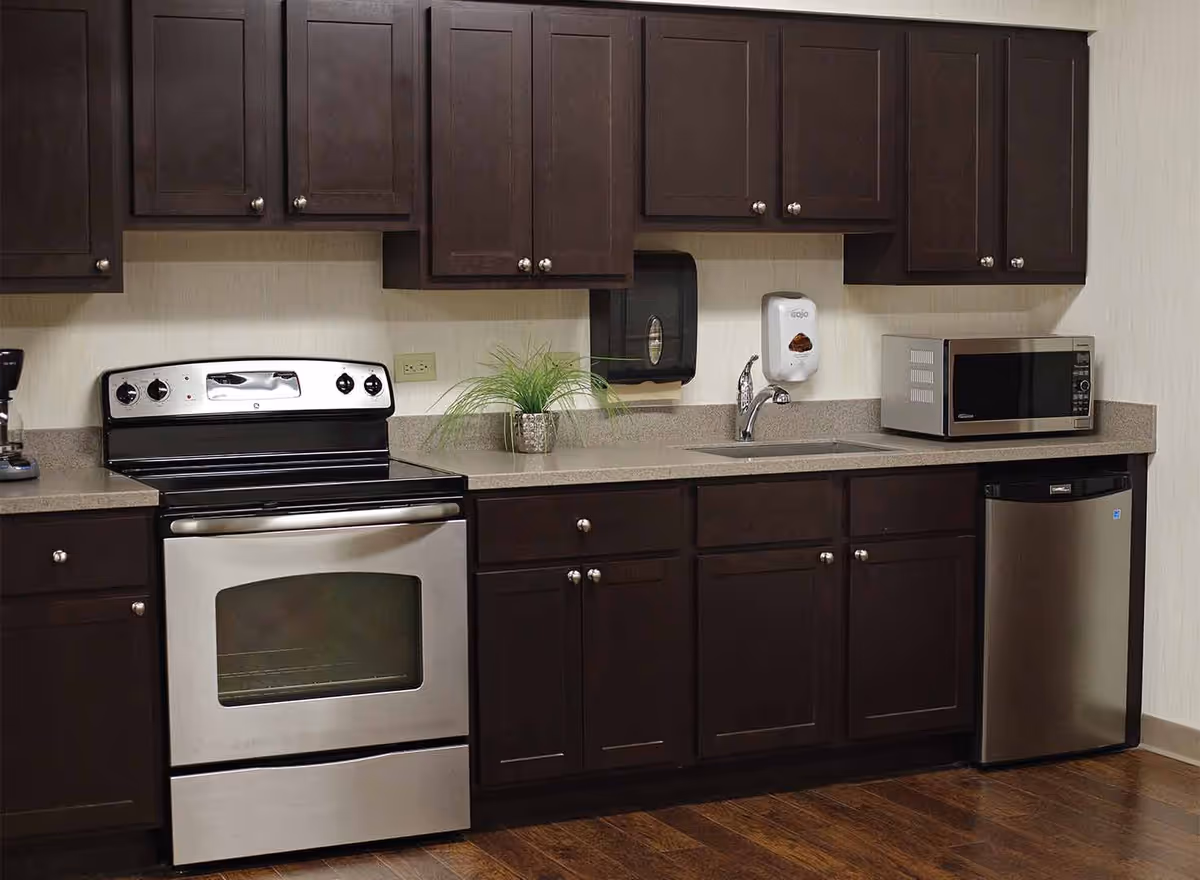 Kitchen with dark wood cabinets, a stainless steel oven and mini-fridge, microwave, sink, and countertop with a small plant.