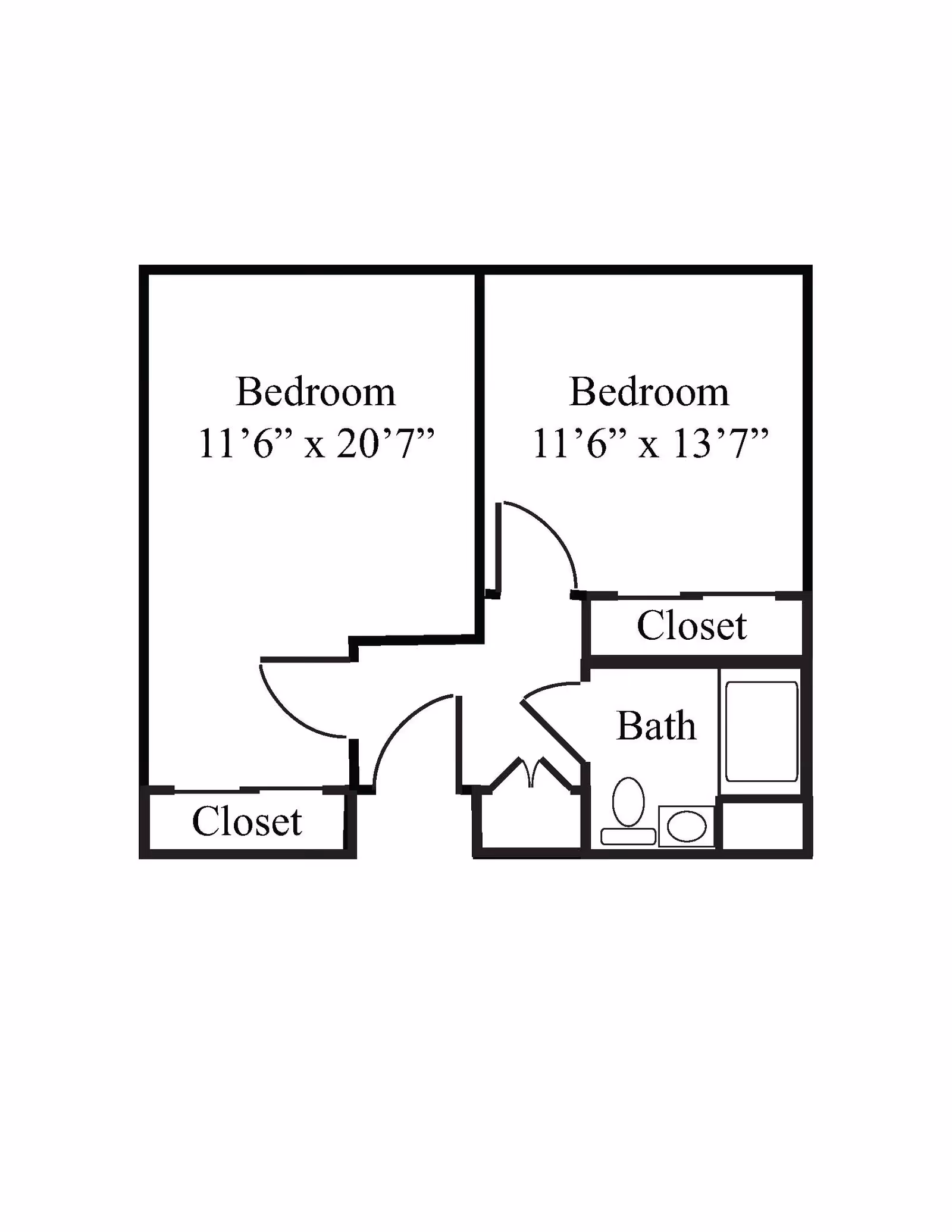 Floor plan showing two bedrooms with dimensions 11'6" x 20'7" and 11'6" x 13'7", each with a closet, and a bathroom with a toilet, sink, and bathtub.