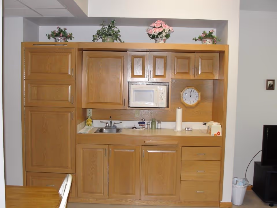 A compact kitchen area with wooden cabinets, a small sink, a microwave, a wall clock, and decorative plants on top of the cabinets. There is a paper towel holder and a tissue box on the countertop.