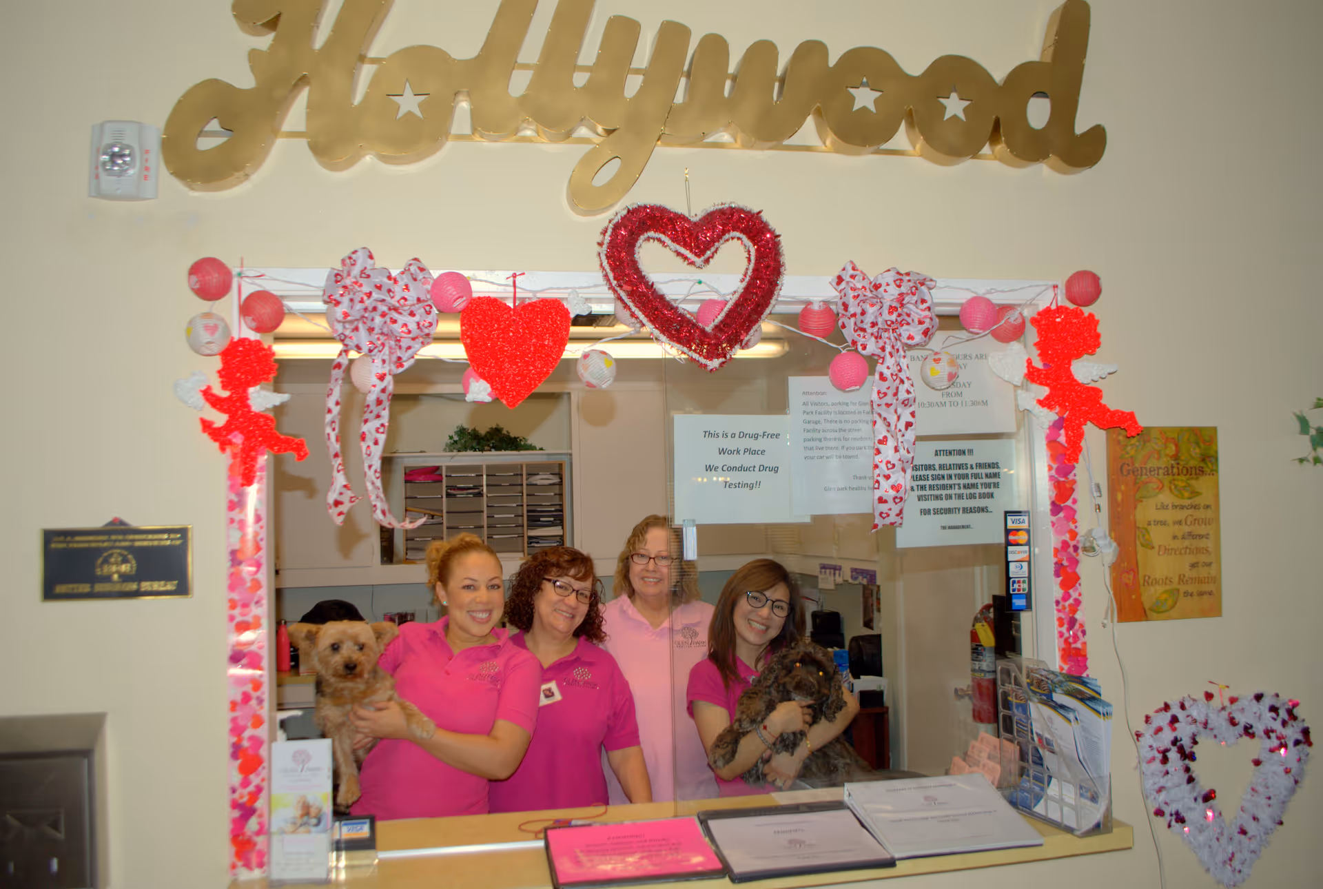 Four smiling staff members wearing pink shirts stand behind a reception window decorated with Valentine's Day themed items including hearts, ribbons, and cupids. Two of the staff members are holding small dogs. Above the window is a gold sign that says 'Hollywood'.