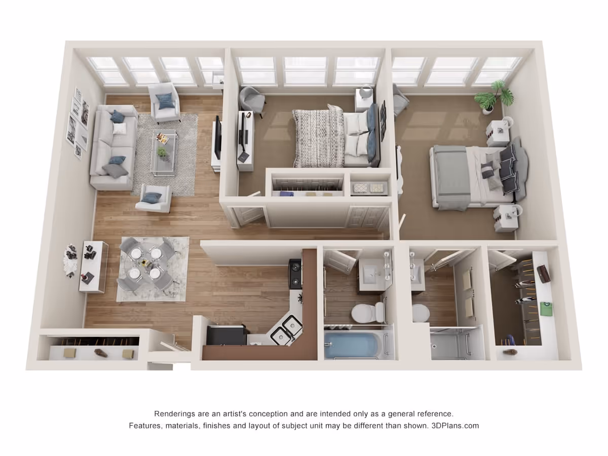 3D floor plan of a two-bedroom apartment featuring a living room with sofa and chairs, a dining area with a round table and four chairs, a kitchen with appliances and sink, two bedrooms each with a bed and nightstands, two bathrooms with sinks, toilets, and a bathtub and shower, and closets for storage.