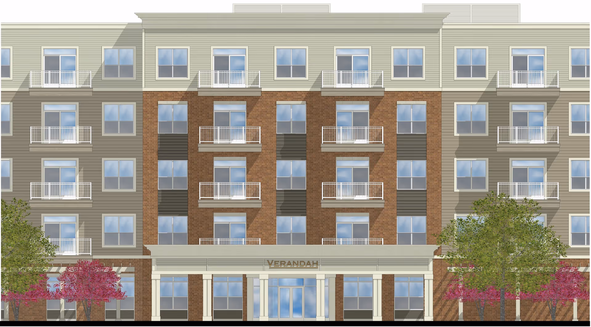 Front elevation of a multi-story senior living building labeled "Verandah" showing rows of windows, small balconies, an entrance canopy, and trees at the sidewalk.