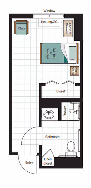 Floor plan of a senior living unit showing an entry leading to a bathroom with a shower, sink, toilet, and linen closet. The main room includes a twin bed or day bed, a nightstand, a chest of drawers, a chair, a closet, and a heating/AC unit under a window.