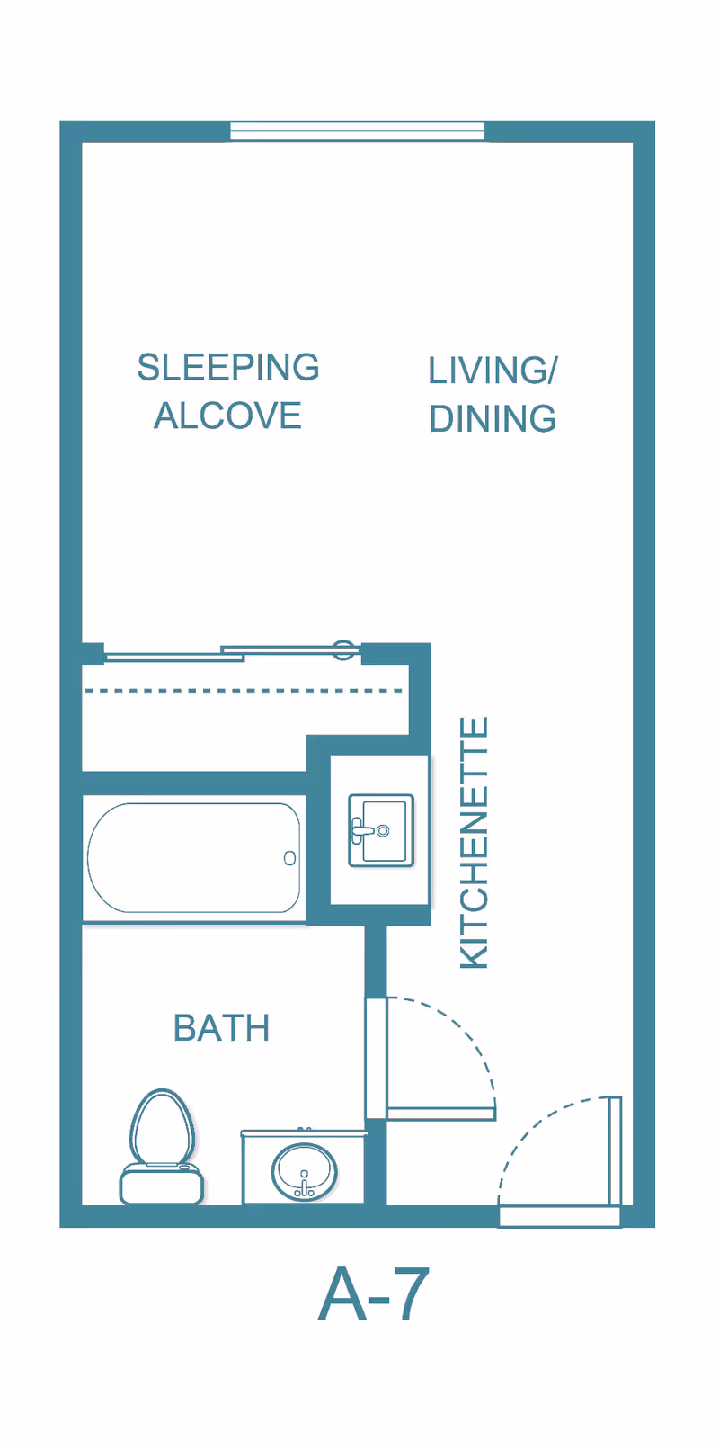 Floor plan layout of a studio apartment labeled A-7 at Asher Point Independent Living of Tyler, showing areas for sleeping alcove, living/dining, kitchenette, and a bath with toilet, sink, and bathtub.