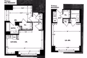 Black and white architectural floor plans showing layouts for a typical one bedroom apartment and a typical efficiency apartment. The one bedroom plan includes a bedroom, bathroom, kitchen-dining area, living room, closets, and an entry. The efficiency plan includes a kitchen, bathroom, living-bedroom area, closets, and an entry.