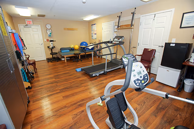Exercise and physical therapy room with a treadmill, recumbent exercise machine, therapy table, exercise balls, and wood flooring.