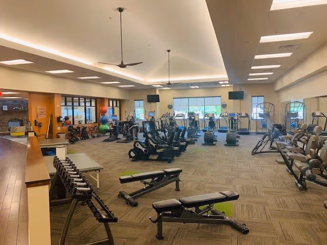 A spacious fitness room with various exercise equipment including stationary bikes, treadmills, weight benches, dumbbells, and exercise balls. The room has large windows allowing natural light, ceiling fans, and a carpeted floor with a modern design.