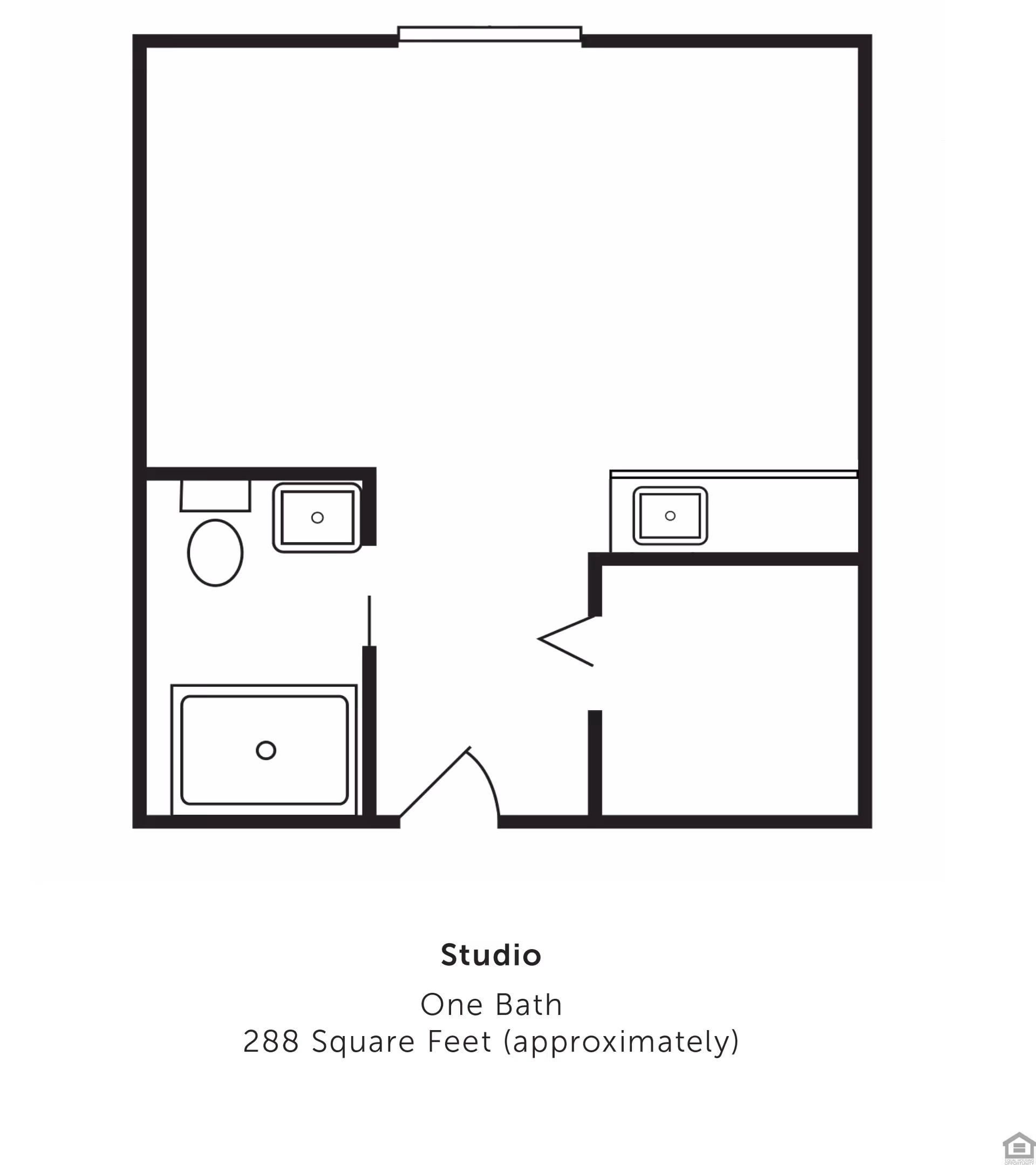 Black-and-white floor plan of a studio apartment showing one main room, a bathroom with tub, toilet and sink, and a small closet/kitchenette area.