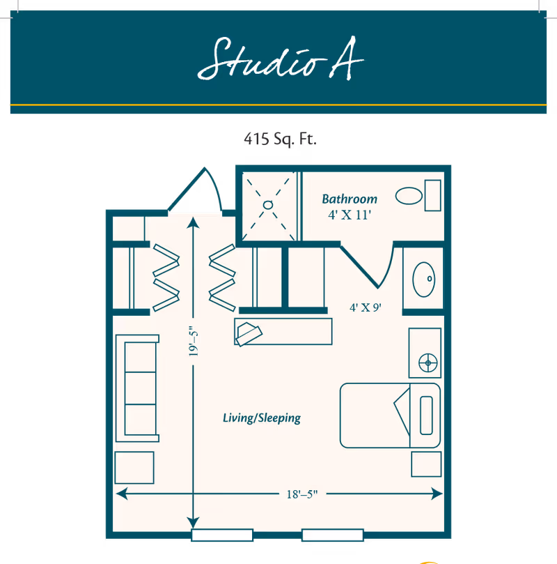Floor plan of a studio apartment labeled Studio A with 415 square feet. The layout includes a combined living and sleeping area with a bed, sofa, and small table. There is a bathroom measuring 4 feet by 11 feet with a shower, toilet, and sink. The entrance is at the top left, and the living/sleeping area measures 19 feet 5 inches by 18 feet 5 inches.