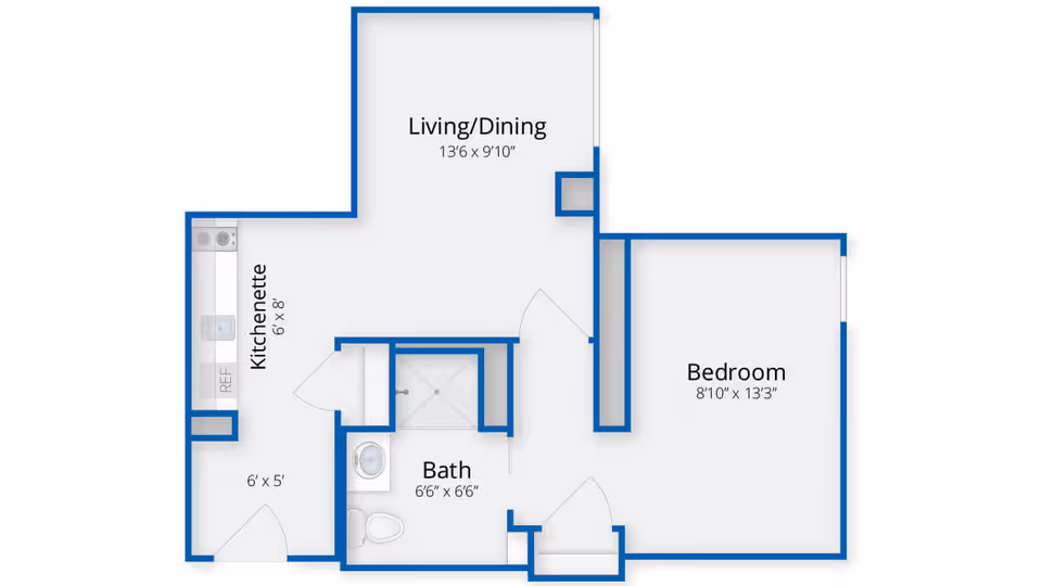 Floor plan layout of a living space at Academy Point at Mystic showing a kitchenette, living/dining area, bedroom, and bathroom with dimensions.