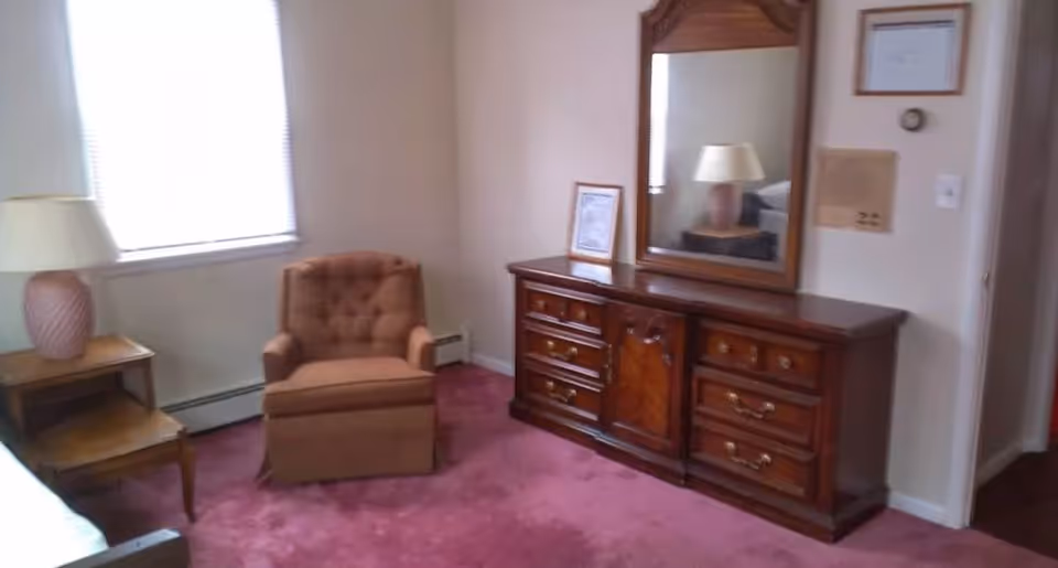 Small bedroom with a tufted armchair, wooden dresser with mirror, side table and lamp on pink carpet.