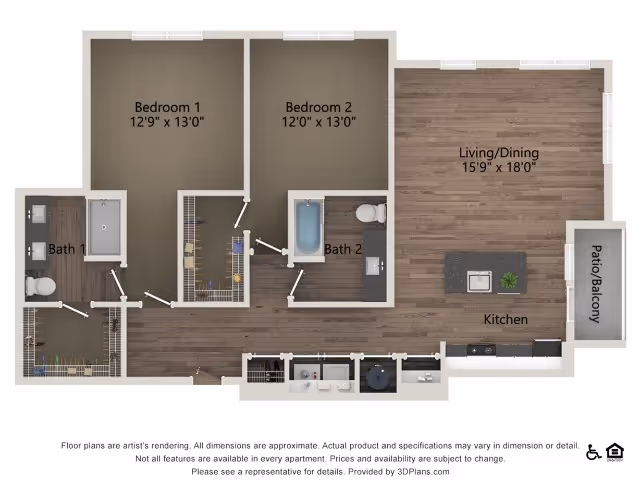 Top-down floor plan of a two-bedroom, two-bath apartment showing living/dining area, kitchen, and patio/balcony.