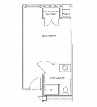 Architectural floor plan of a small apartment unit showing a bedroom with a closet and a bathroom that includes a toilet, sink, and shower area.