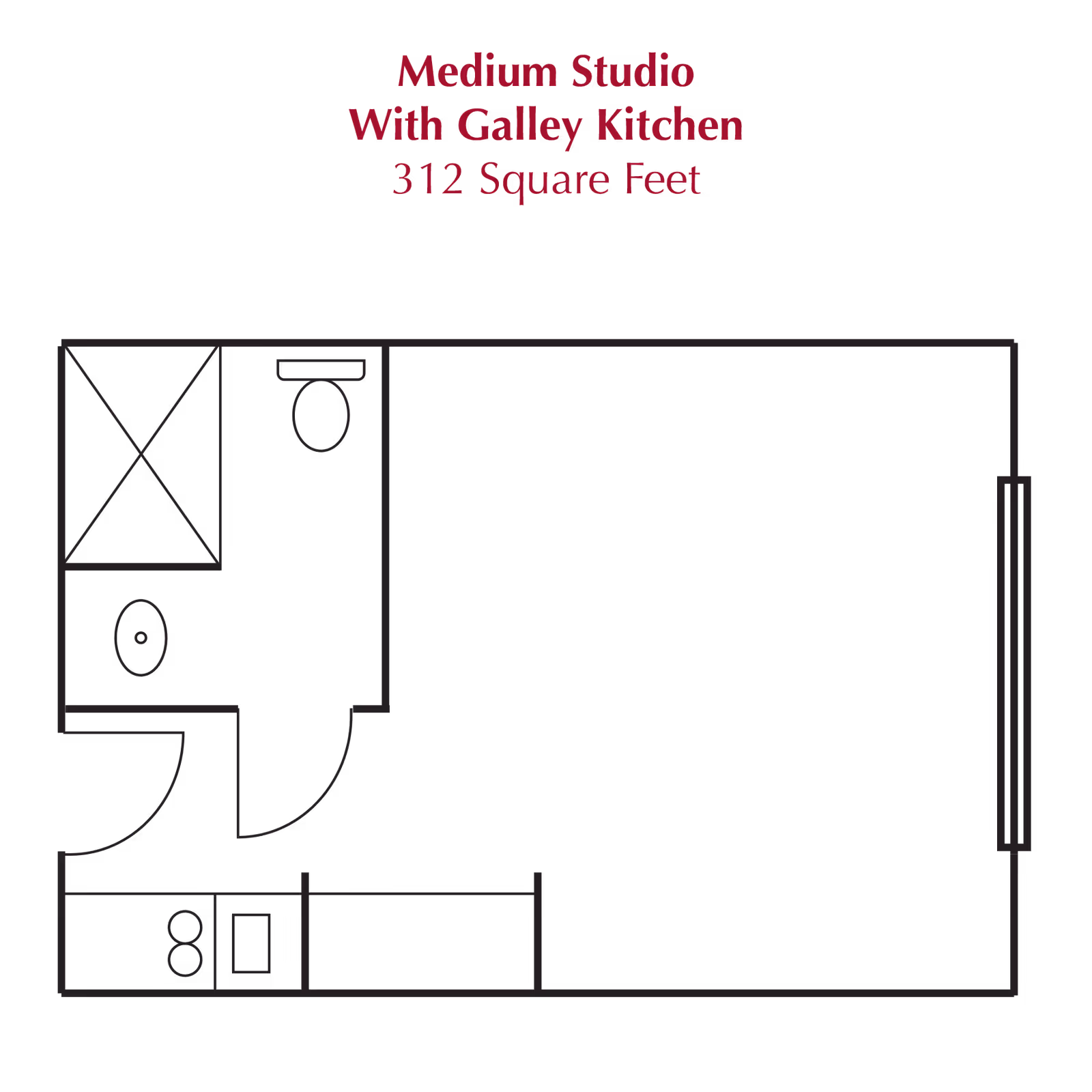 Floor plan of a medium studio apartment with a galley kitchen, covering 312 square feet. The layout includes a bathroom with a shower, toilet, and sink, a small kitchen area with a stove and sink, and an open living/sleeping space.