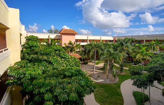 View of a courtyard garden area at Elison Independent Living of Lake Worth, featuring lush green tropical plants and palm trees surrounded by a multi-story building under a partly cloudy blue sky.