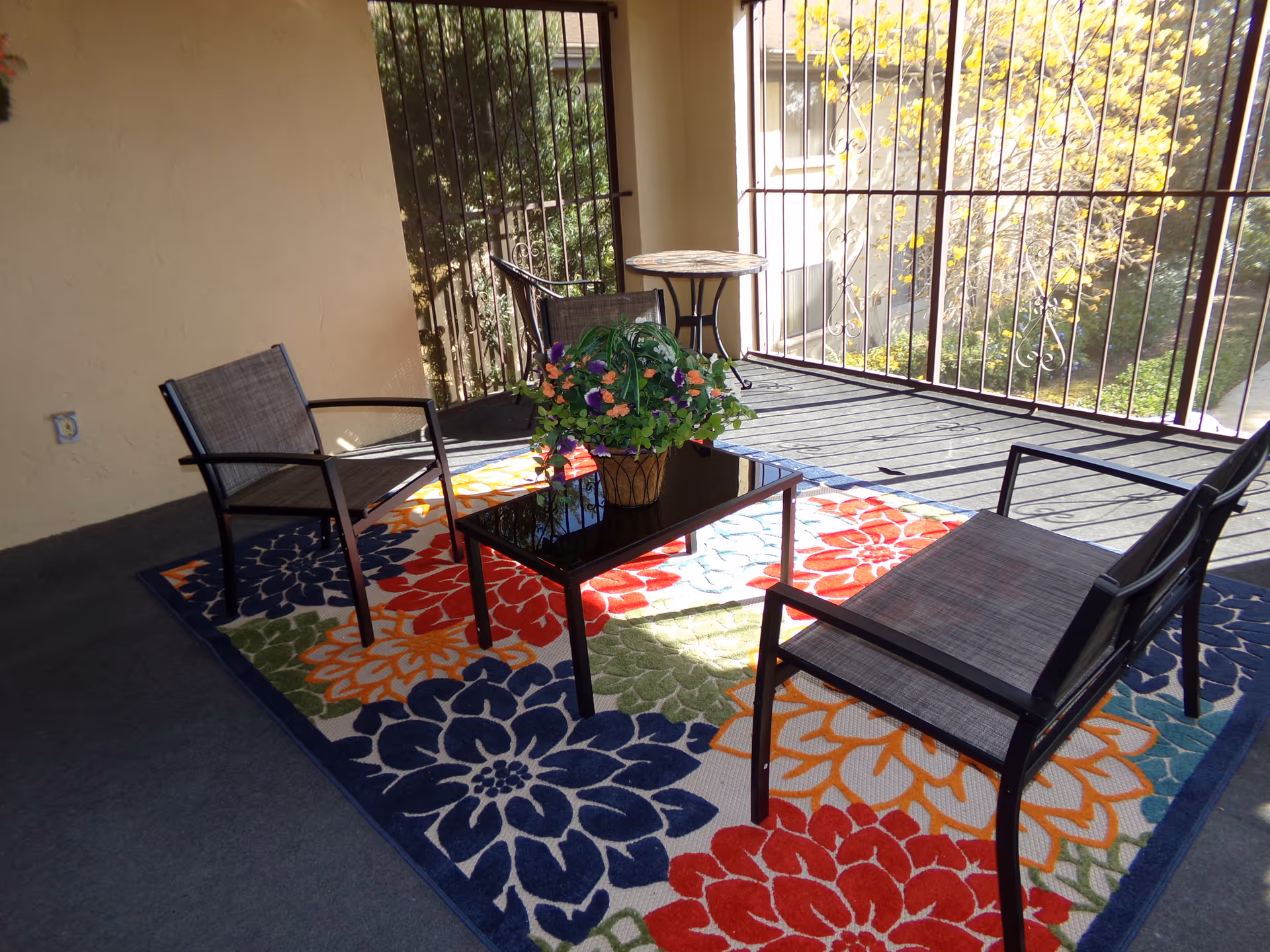 Covered patio seating area with metal chairs, a glass-top coffee table holding a potted plant, and a colorful floral rug by a barred railing.