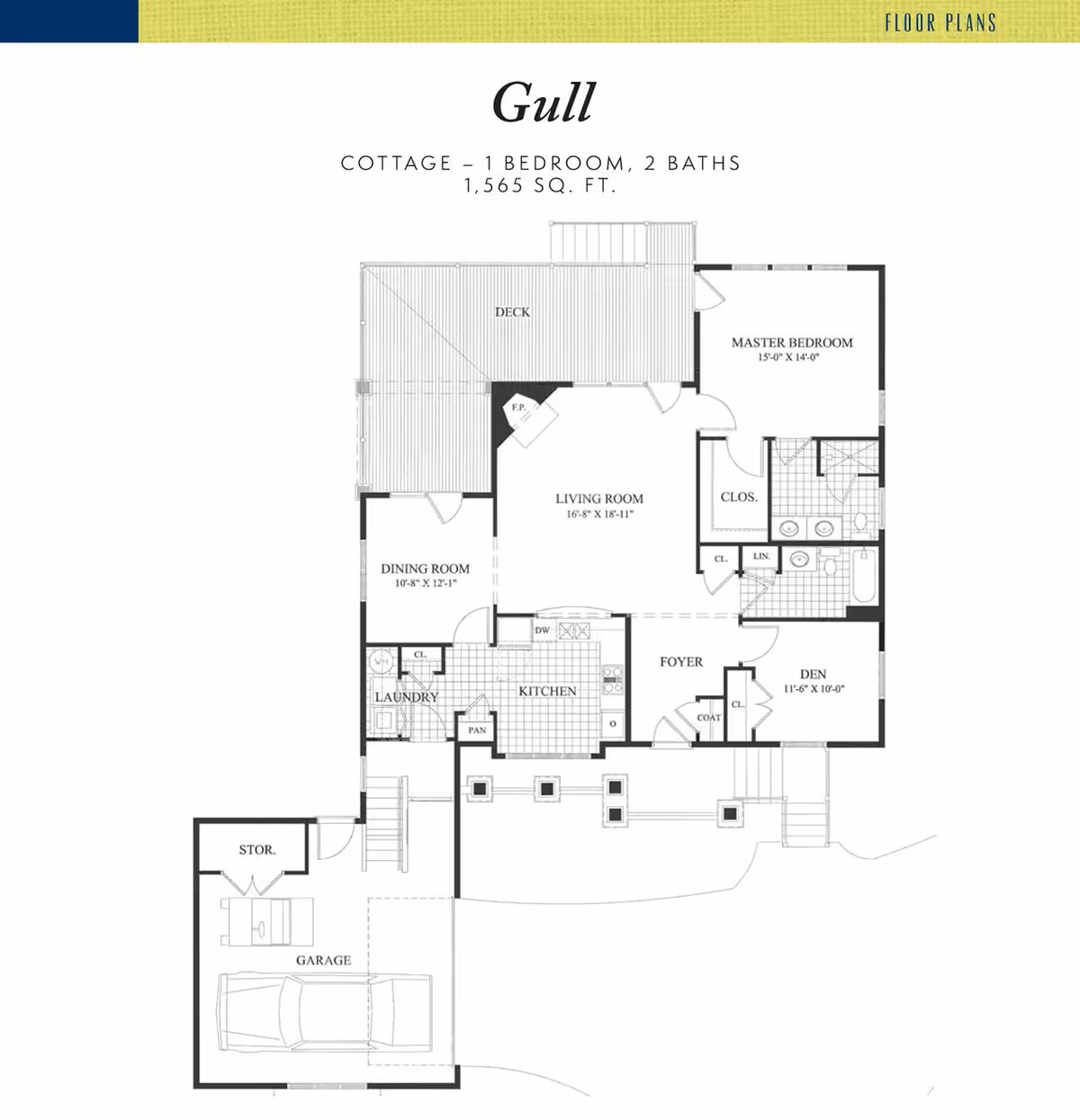 Floor plan of the Gull cottage at Marshes of Skidaway Island, featuring 1 bedroom and 2 bathrooms with a total area of 1,565 square feet. The layout includes a master bedroom, living room, dining room, kitchen, den, laundry room, garage with storage, foyer, closets, and a deck.