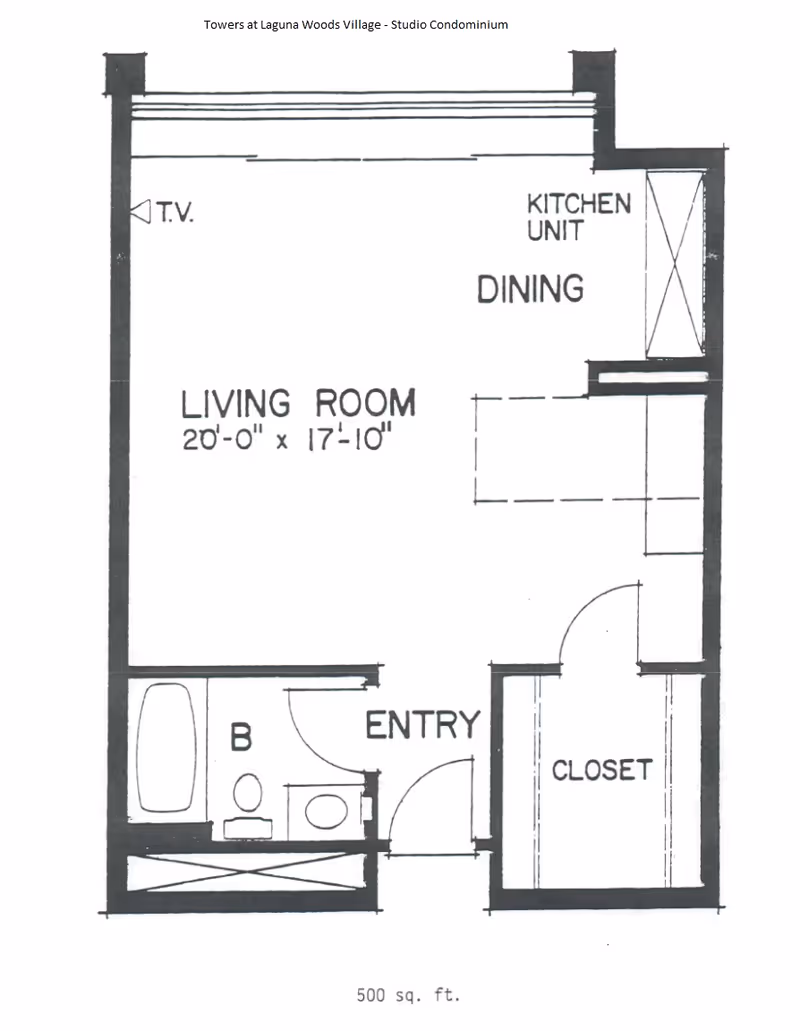 Black-and-white studio condominium floor plan showing a living room, dining area with kitchen unit, bathroom, entry and closet, labeled 20'-0" x 17'-10" and 500 sq. ft.
