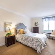 A neatly made bed with a gray patterned comforter and yellow accent pillows in a well-lit bedroom. There is a wooden nightstand with a lamp and a plant on the left side of the bed. A framed picture hangs above the nightstand. In the background, a wooden dresser with a vase of flowers sits against the wall, and a window with a blue valance lets in natural light. A chair and small table are positioned near the window.
