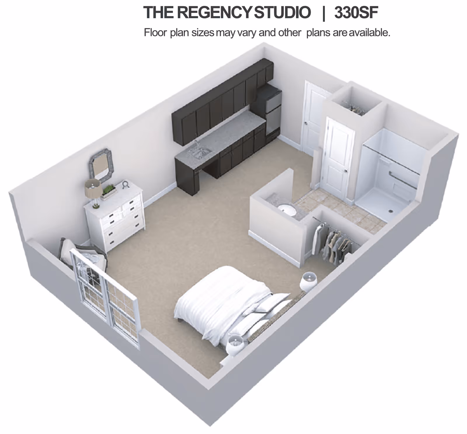 3D floor plan of The Regency Studio apartment with 330 square feet, showing a combined bedroom and living area with a bed, dresser, and chair. The kitchen area has cabinets, a sink, and a refrigerator. There is a bathroom with a shower, sink, and a small closet with hanging clothes.