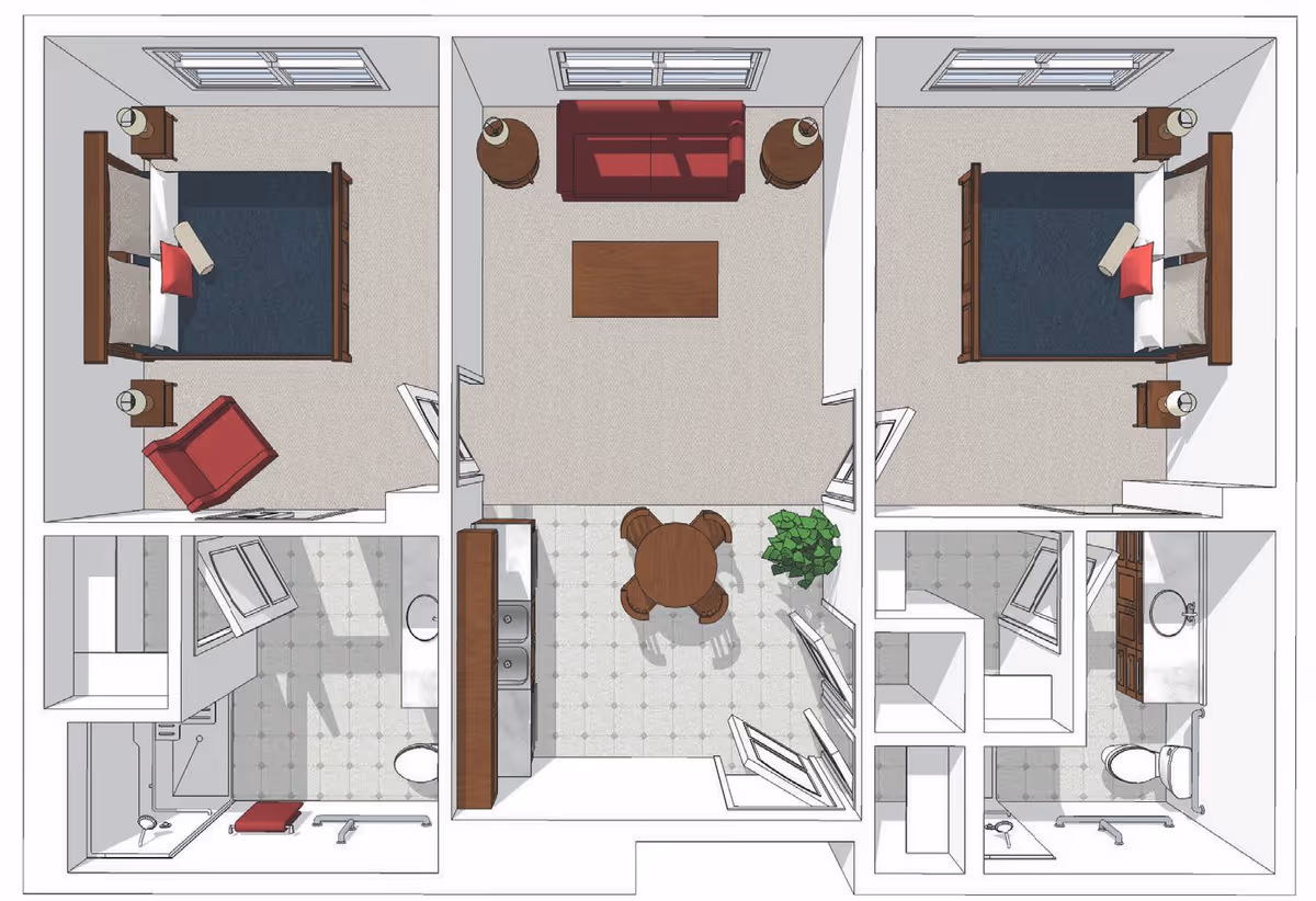 Top-down floor plan of a senior living unit at Cedarhurst of Columbia showing two bedrooms each with a bed, nightstands, and a chair; a central living room with a sofa, coffee table, and two side tables; and a kitchen/dining area with a round table and four chairs. There are also two bathrooms adjacent to each bedroom.