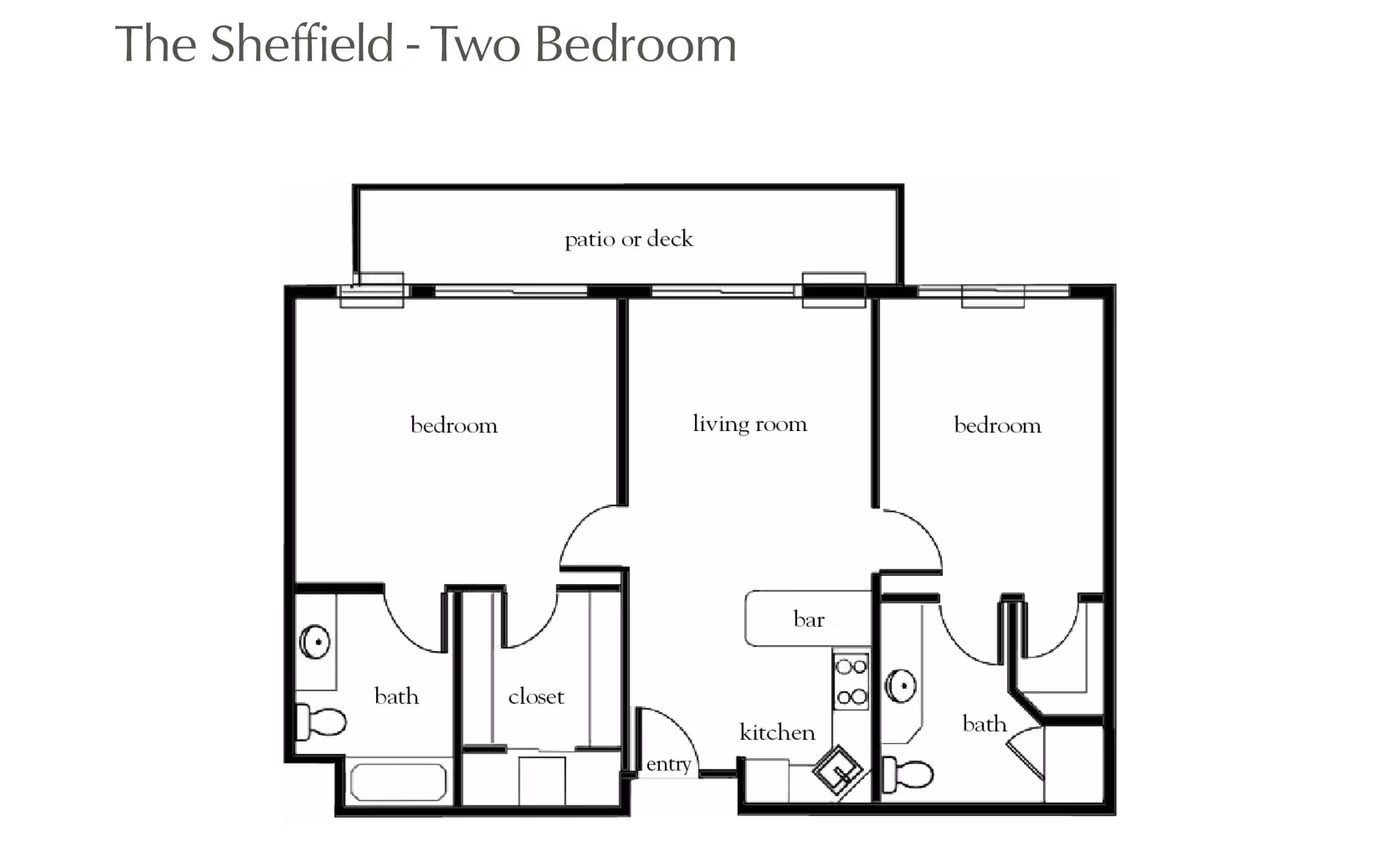 Floor plan layout of The Sheffield two-bedroom apartment at Atria Park of Vintage Hills, showing two bedrooms, two bathrooms, a living room, kitchen with bar, closet, entry, and a patio or deck.