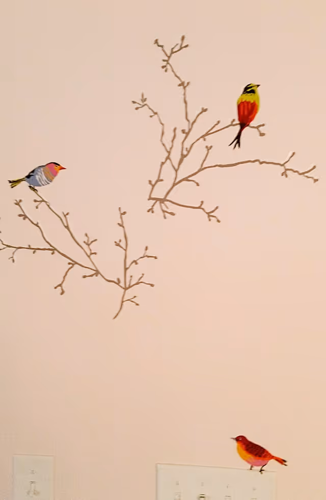 A wall painted light pink with a decorative mural of three colorful birds perched on thin, leafless branches. There are two electrical outlets visible near the bottom of the wall.